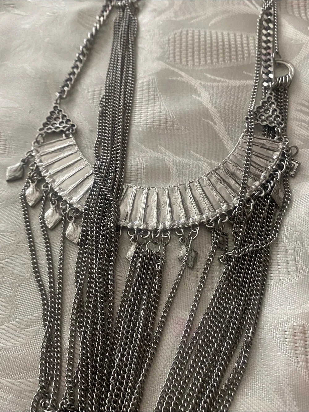 Wild Flower Silver Tone Long Statement Bib Necklace Fringe Festival Boho New NWT